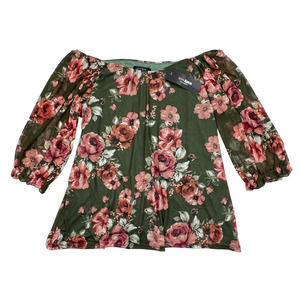 Love Ryan Women 3x Plus Green Floral Peasant Chiffon Sheer 3/4 Sleeve Blouse Top